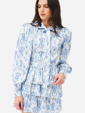 LoveShackFancy Daly Blue and White Floral Tie-Neck Mini Dress